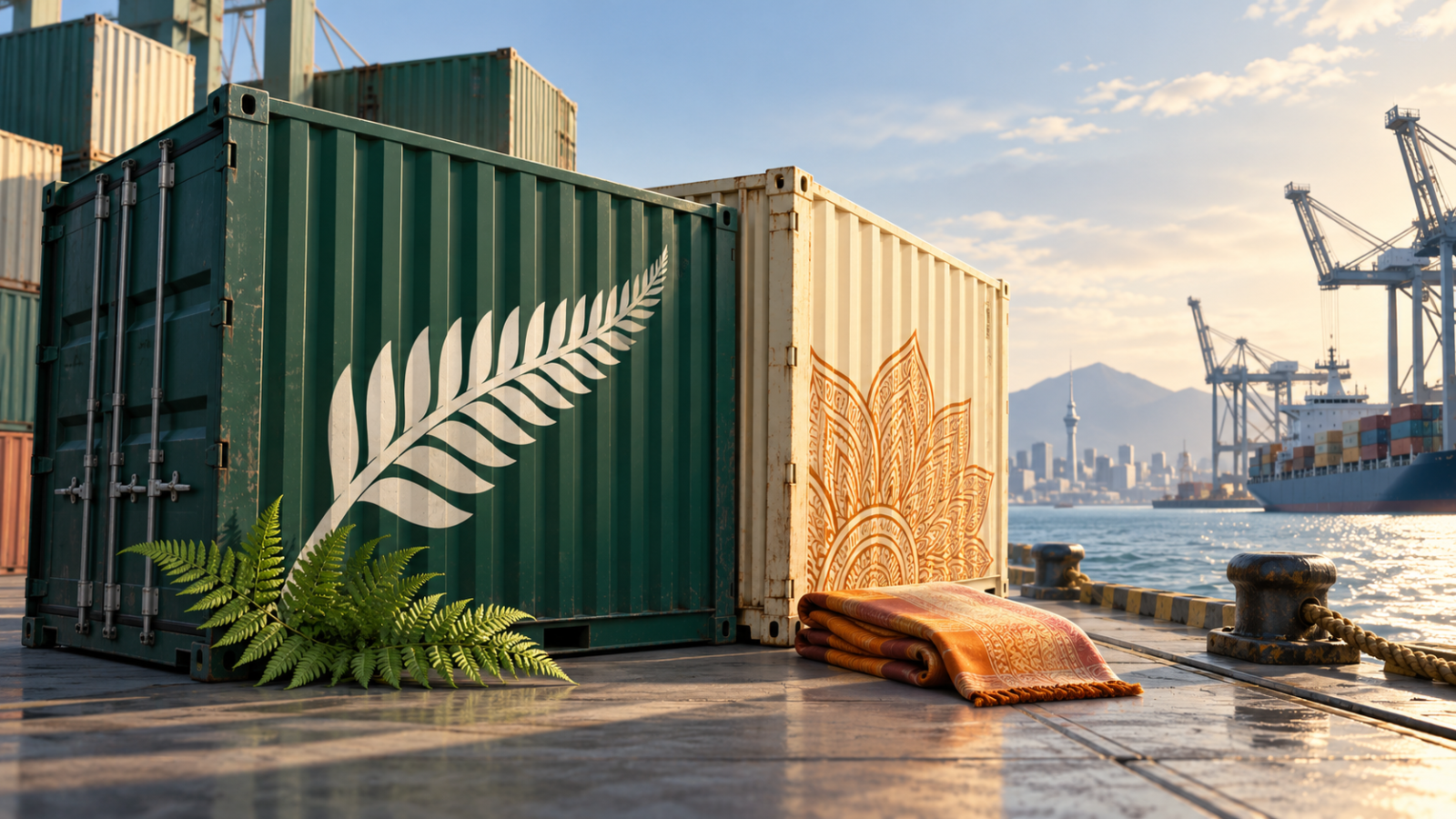 Original AI-generated concept of unbranded freight containers at a generic quay with a fern and folded textile; not a real New Zealand–India port or agreement-signing photograph.