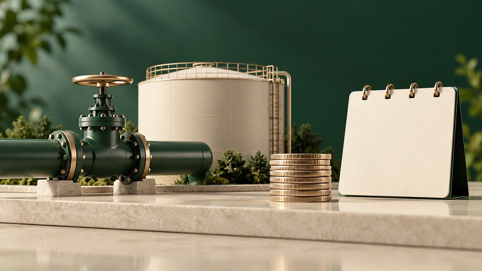 AI-generated fictional pipeline valve and tank beside neutral coins and a blank calendar; not a ONEOK facility, dividend receipt or event.
