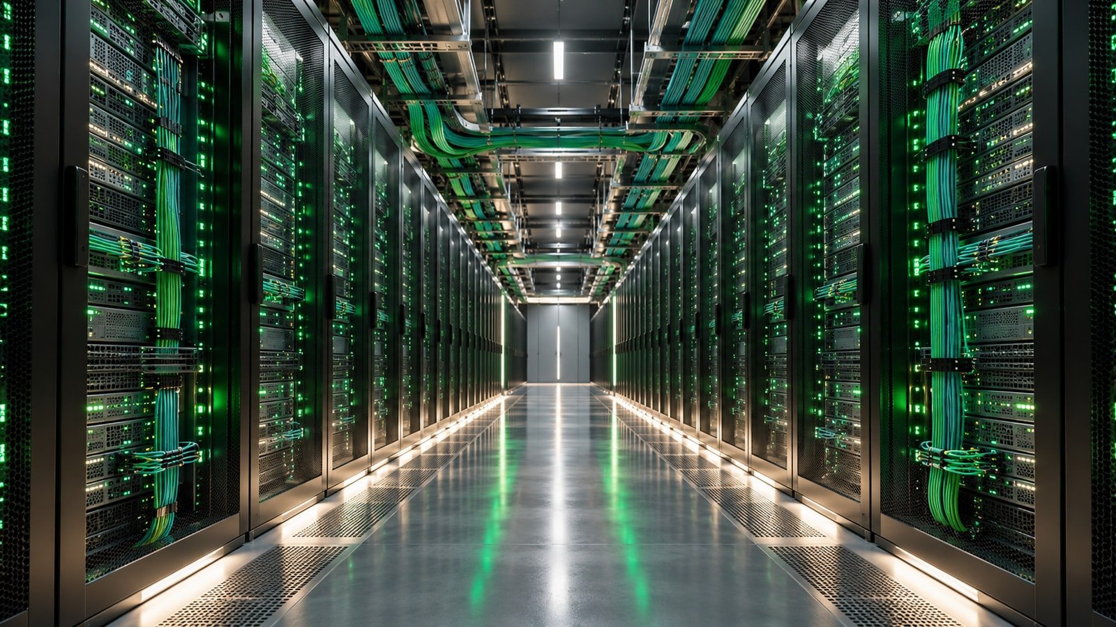 AI-generated conceptual illustration of generic data-centre server racks and fiber connections; not an actual Onnec or CBRE facility.