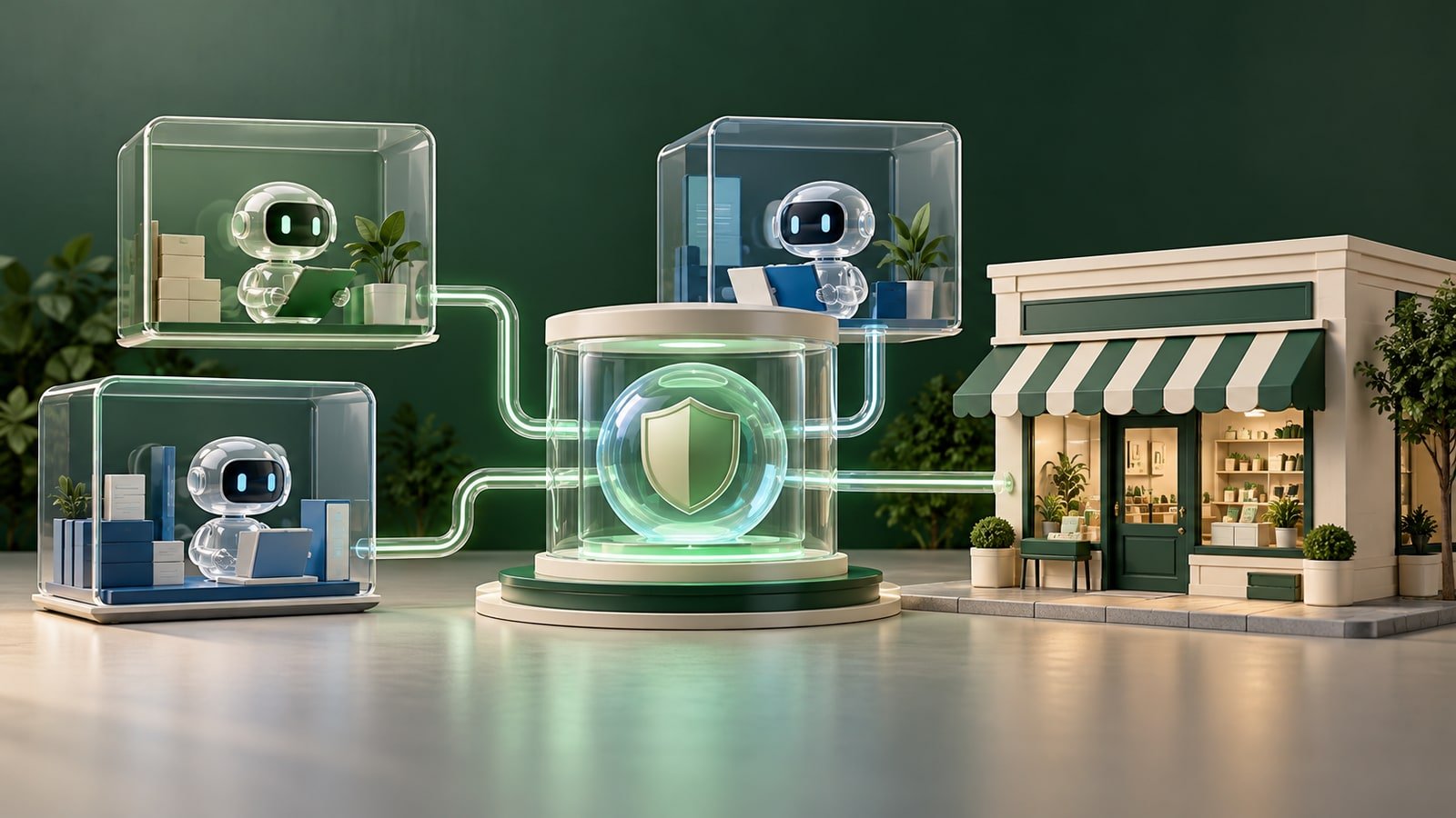 AI-generated robot assistants and a shop model linked to a central glass control shield; not a Pax8 product interface.