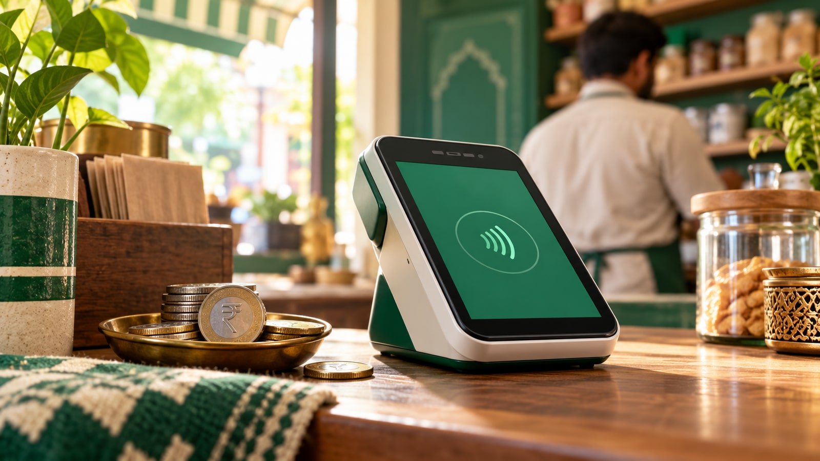 এআই-নির্মিত প্রতীকী চিত্র: an unbranded digital-payment terminal on a merchant counter. Not an actual issuer product, facility or event.