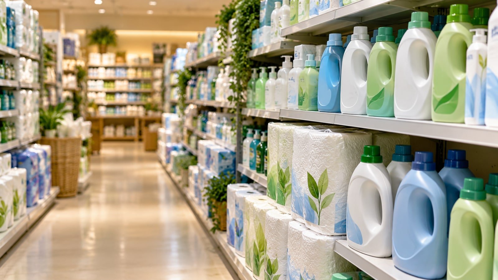 AI-generated conceptual illustration of unbranded household-care products on a production line; not actual P&G products, a company facility or an event.