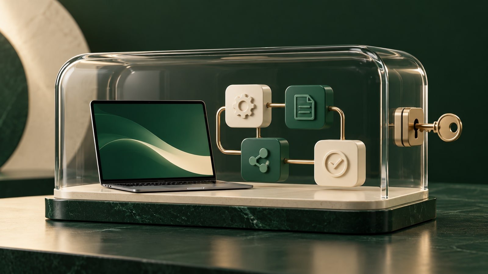 AI-generated laptop and workflow blocks inside a glass case with a lock and key; conceptual, not a Portal26 screenshot.