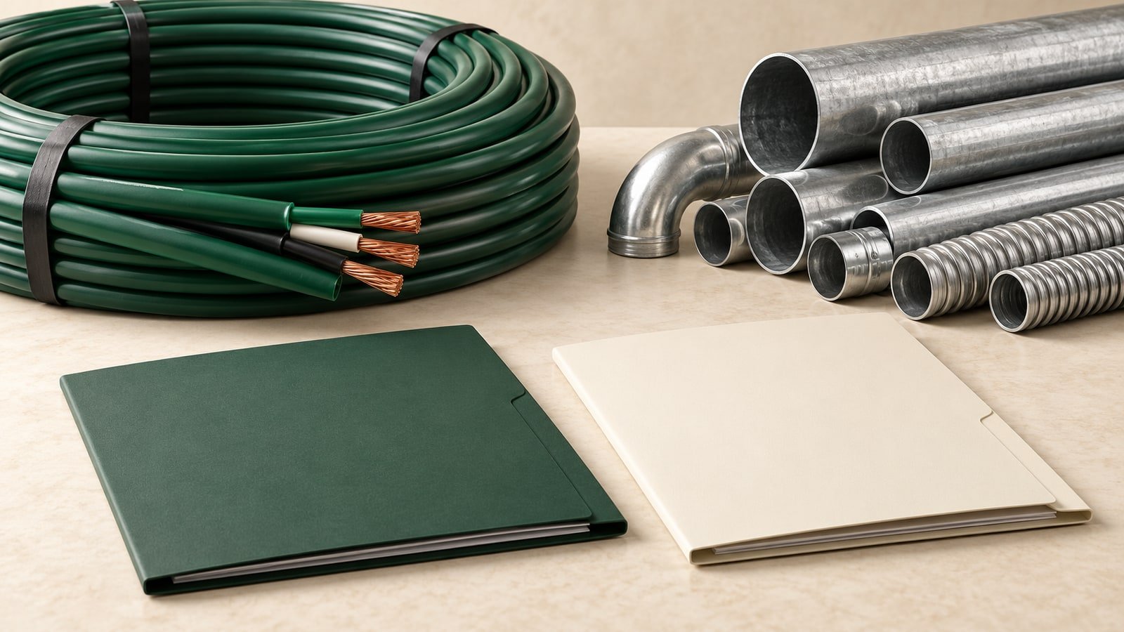 AI-generated industrial cable, conduit sections and separate blank document folders; a conceptual illustration, not a Prysmian or Atkore facility.