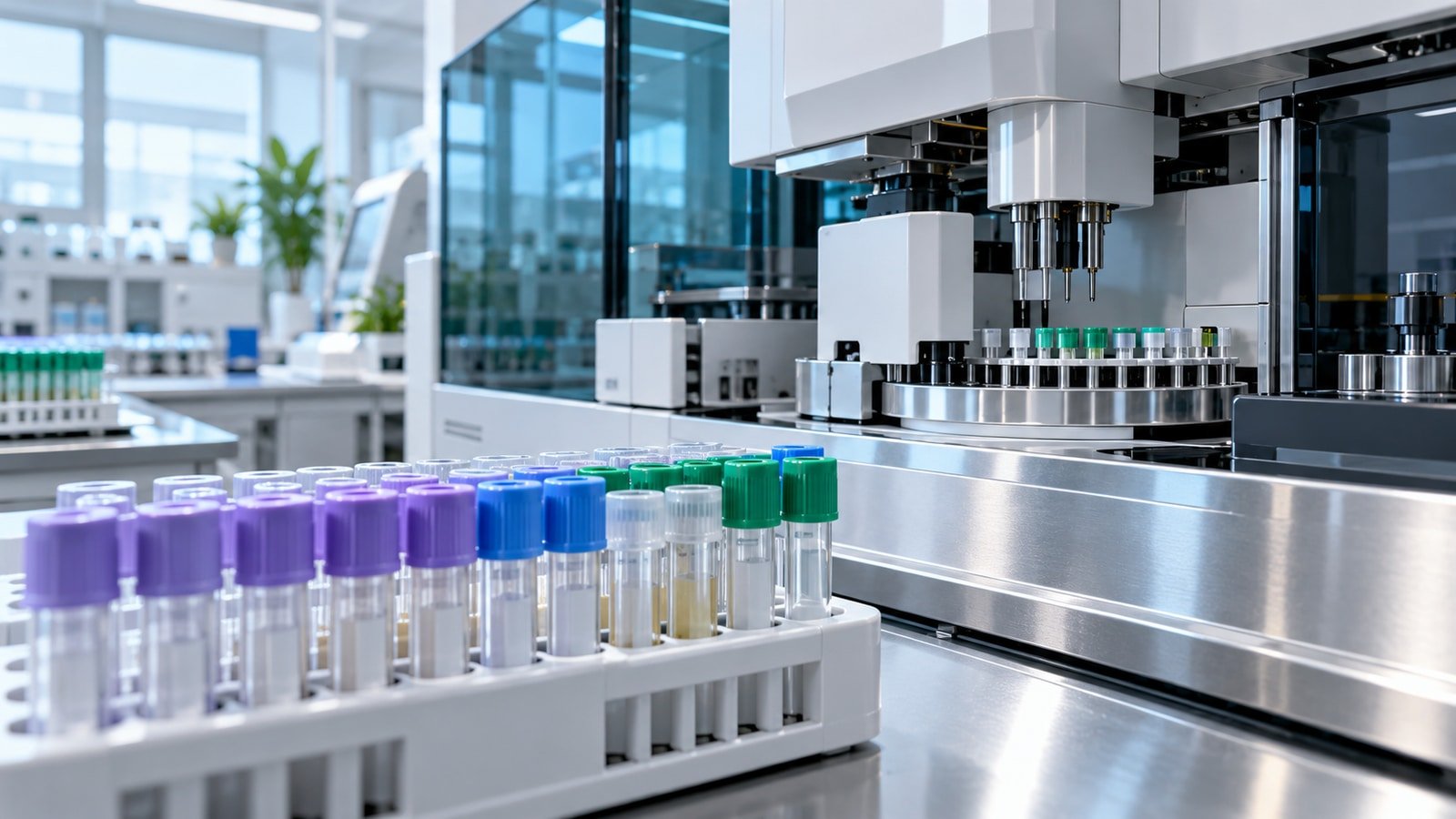 AI-generated conceptual illustration of unbranded laboratory specimen equipment and diagnostic instruments; not a Quest Diagnostics laboratory or patient record.