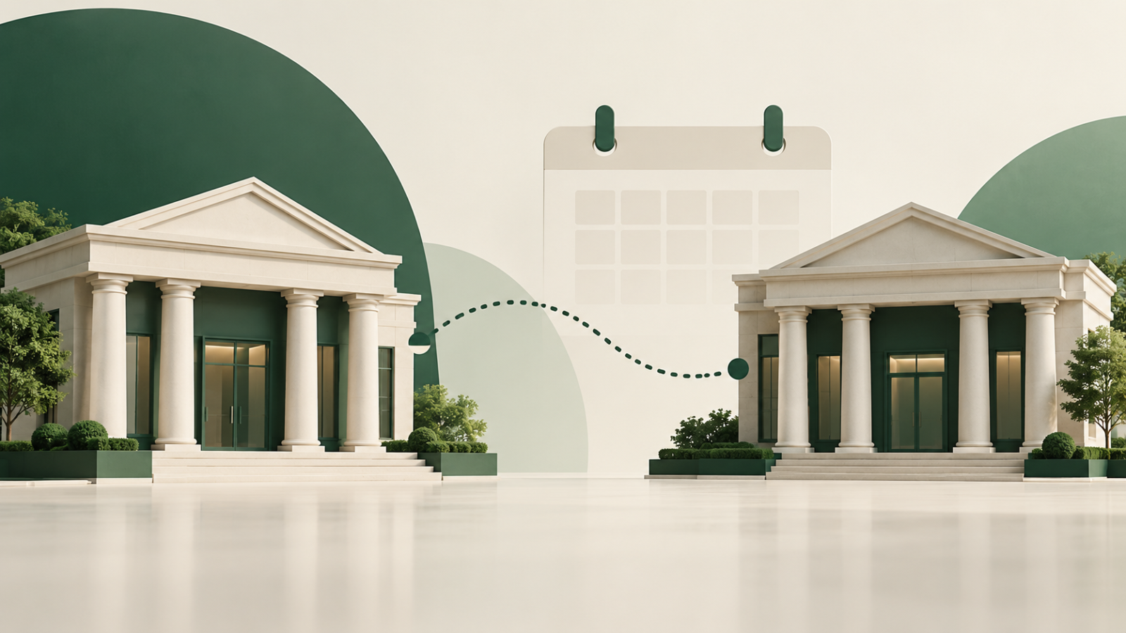 AI-generated conceptual illustration of two generic bank branches joining through a pathway; not a photograph of RBL or Emirates NBD premises.