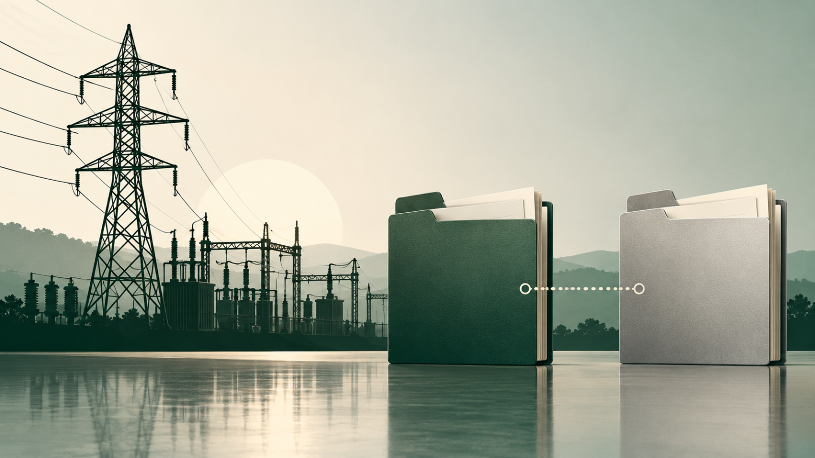AI-generated conceptual illustration of two financing documents connecting to a generic electricity grid; not actual REC or PFC premises or a real signing event.