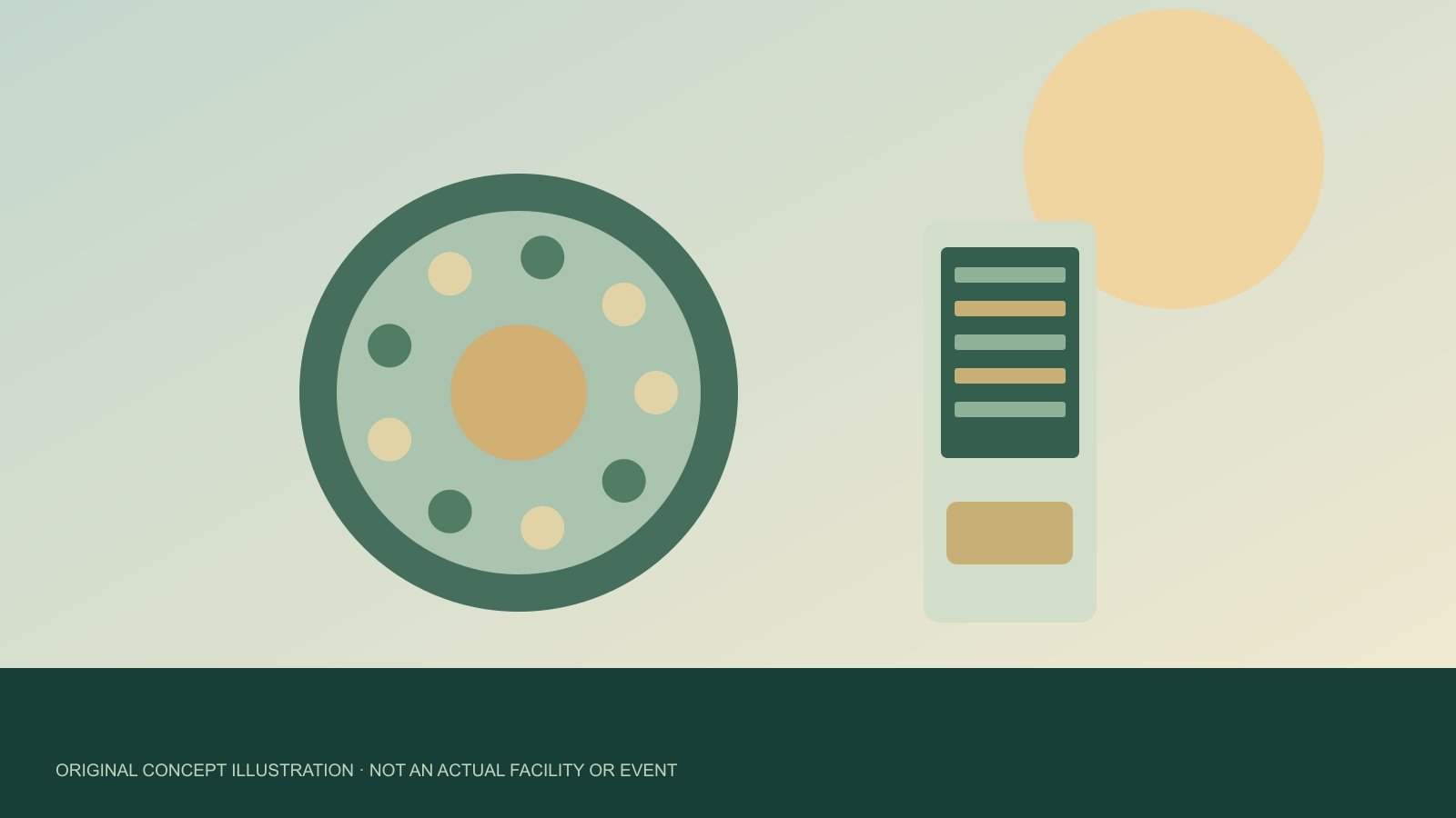 Original concept illustration of abstract cell and laboratory equipment; not an actual issuer facility or event.