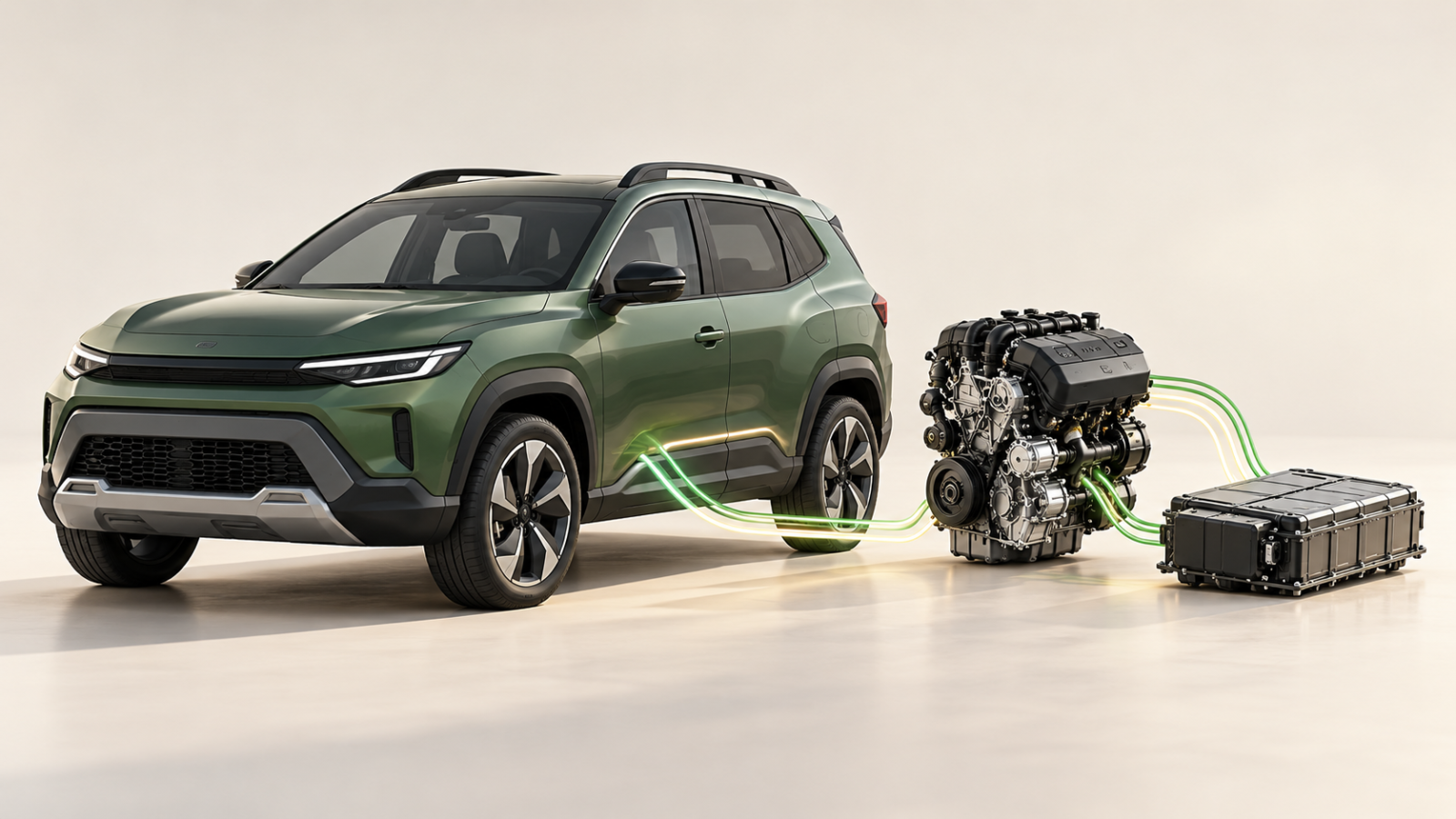 AI से बना hybrid SUV का सांकेतिक चित्र, जिसमें सामान्य वाहन, इंजन और बैटरी हैं; वास्तविक Renault Duster की तस्वीर नहीं।