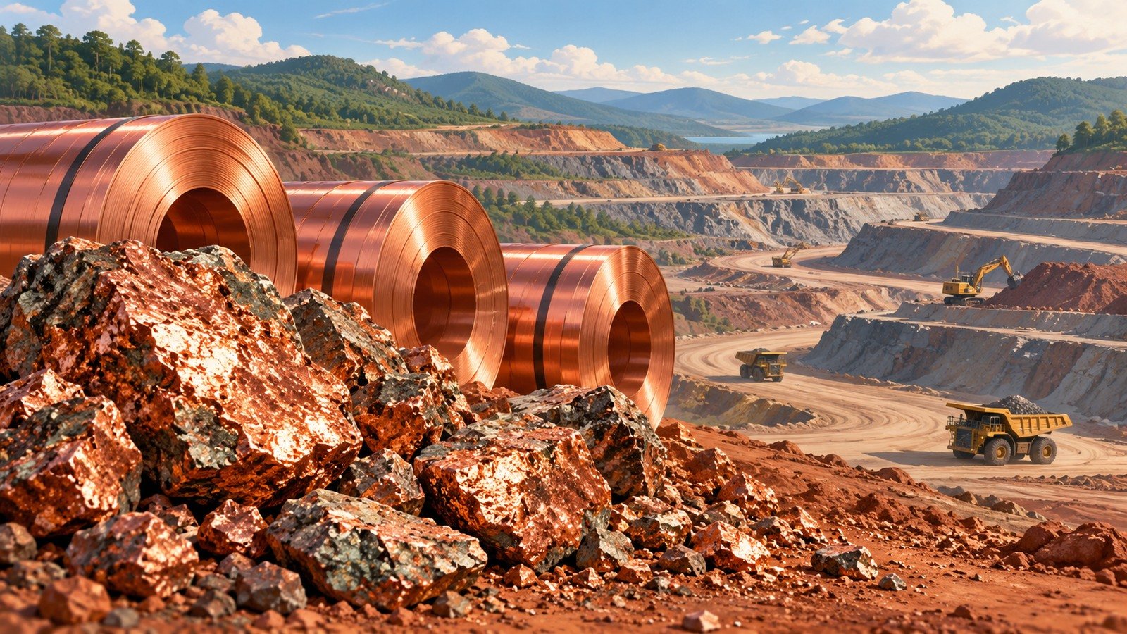 AI-generated conceptual copper ore, metal coils and a generic terraced mine; not a real Rio Tinto mine, location or documented production event.
