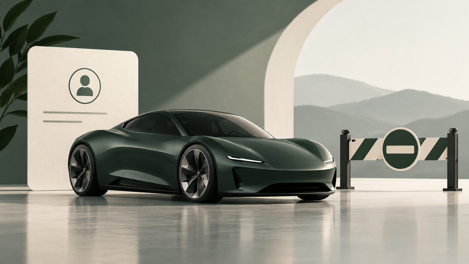 AI-generated conceptual illustration of a generic electric sports car, reservation card and road barrier; not an actual Tesla Roadster photograph.