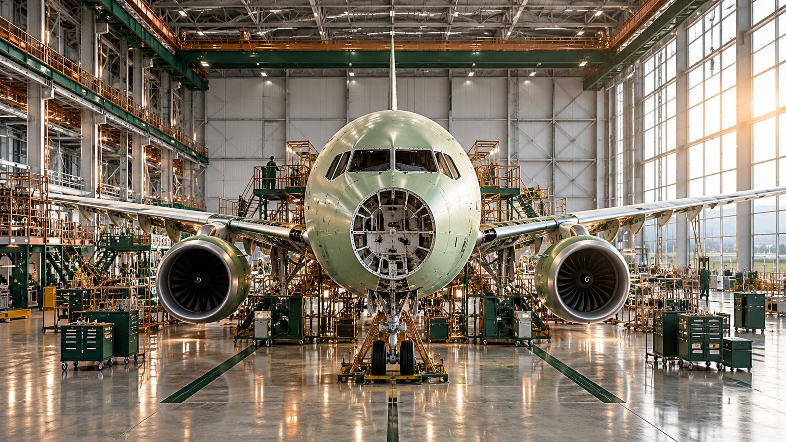 AI-generated concept of a generic aerospace assembly hangar with unbranded equipment and aircraft components; not a real Saab facility, product model or event.