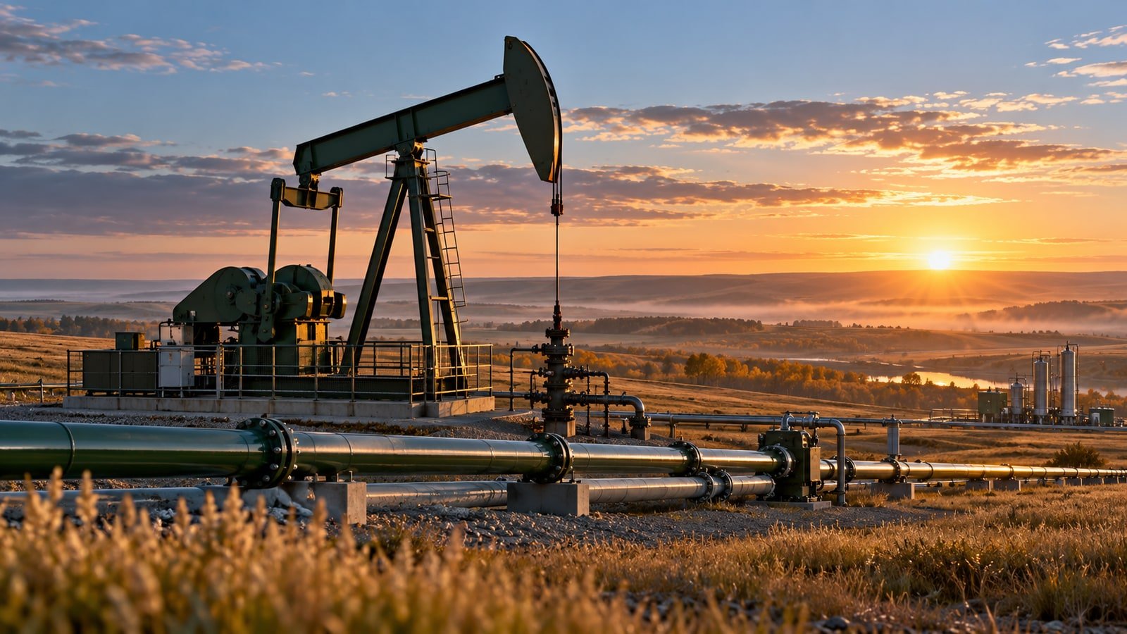 AI-generated concept of a prairie oil pumpjack and pipelines; not a Corex property photograph.