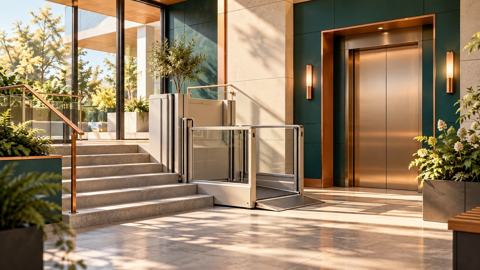 AI-generated conceptual accessible building entrance with a wheelchair platform lift and elevator; not an actual Savaria product, property or installation.
