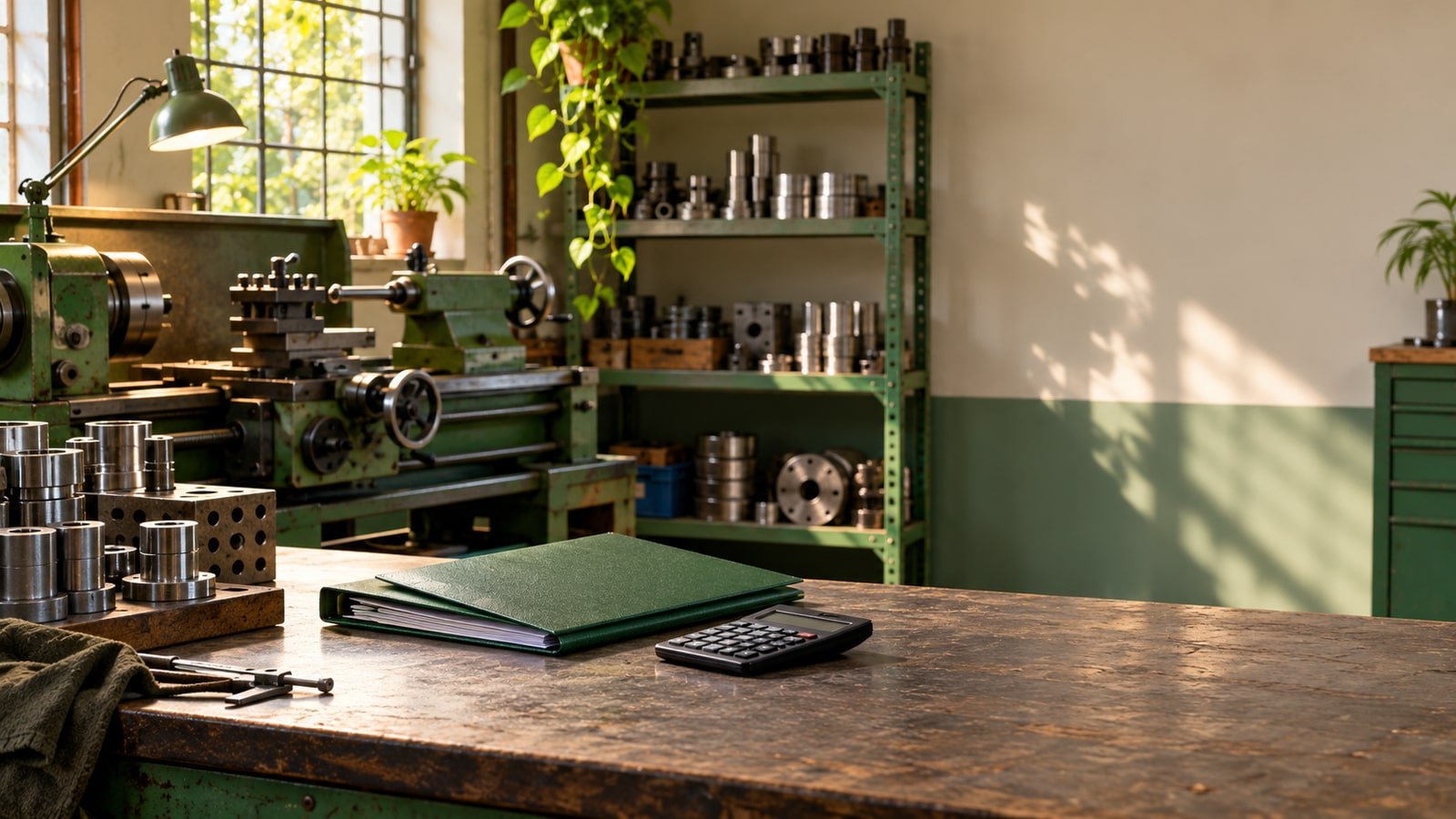 AI-generated concept of an unbranded small manufacturing workshop with a calculator and finance folder; not an SBFC Finance branch, borrower or real facility.