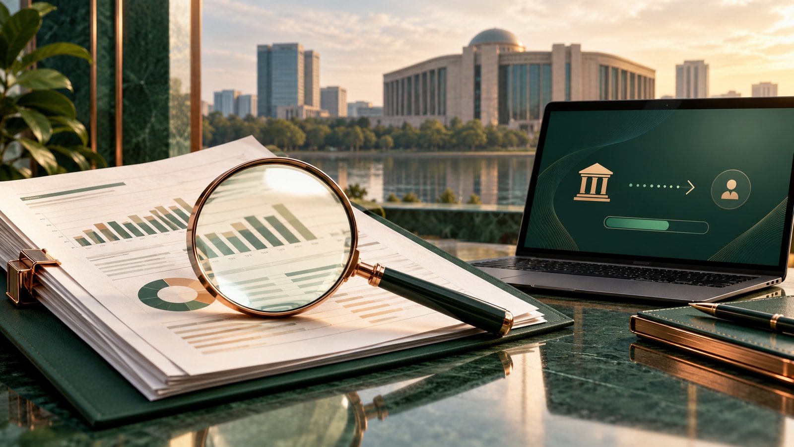AI-generated conceptual illustration of a magnifying glass over financial statements, a laptop transfer interface and a distant institutional building; not an actual SEBI office, document or event.
