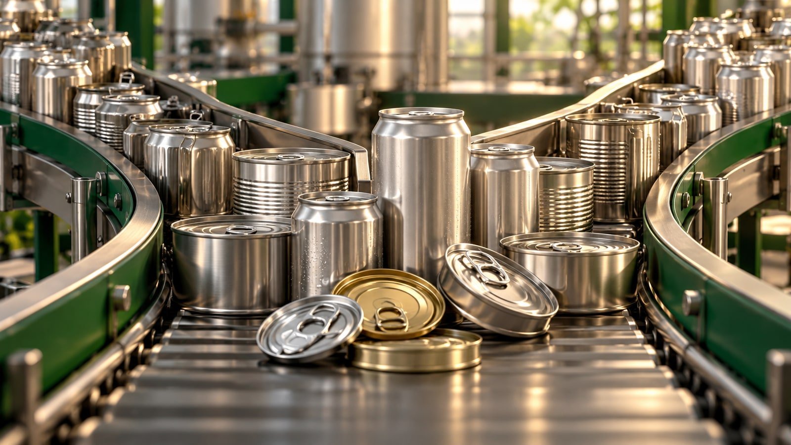 AI-generated concept of metal food containers and closures on an unbranded production line.