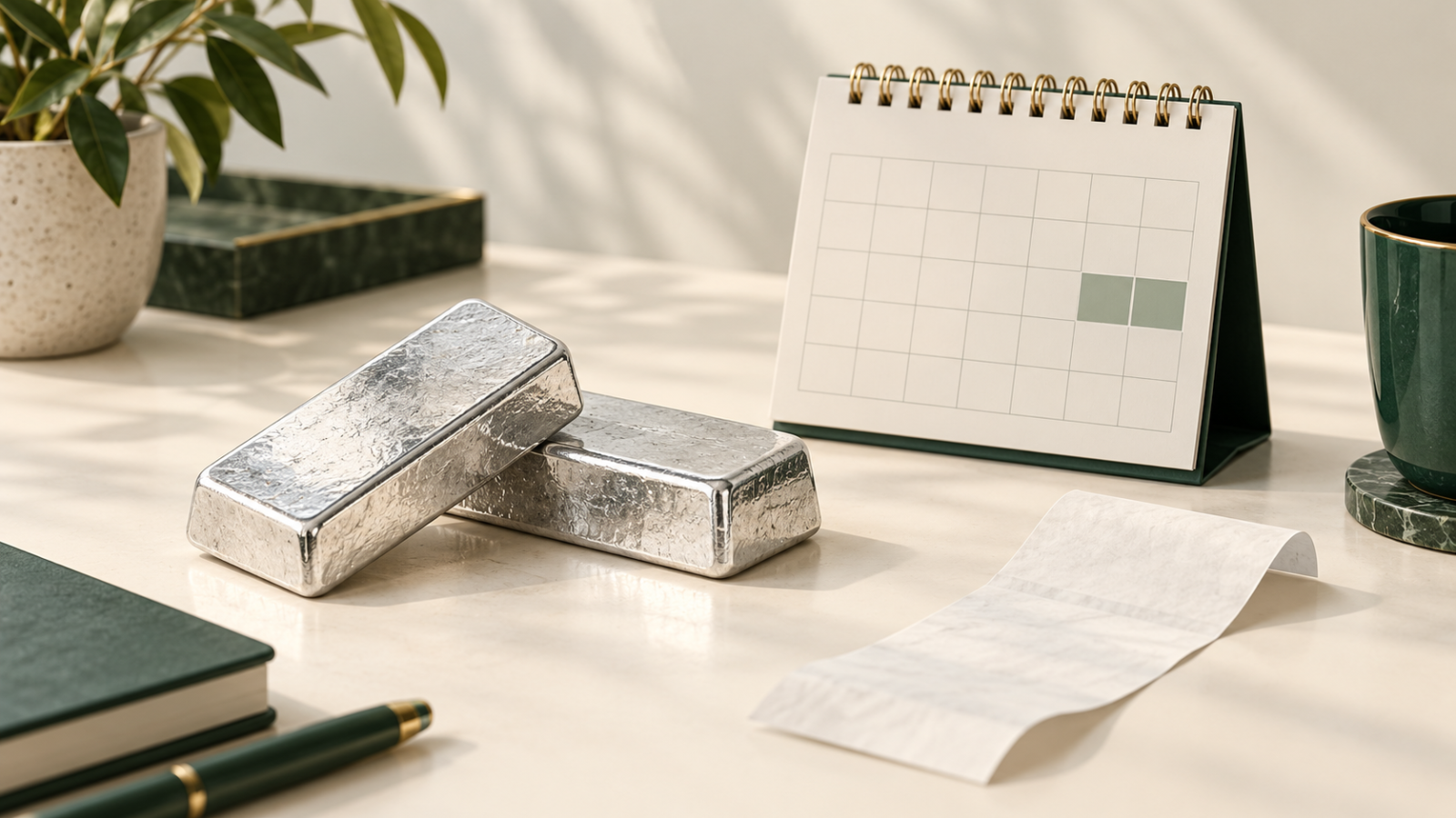 AI-generated conceptual illustration of unbranded silver bars, a blank weekend calendar and an unmarked receipt; not actual IBJA bullion or a shop quotation.
