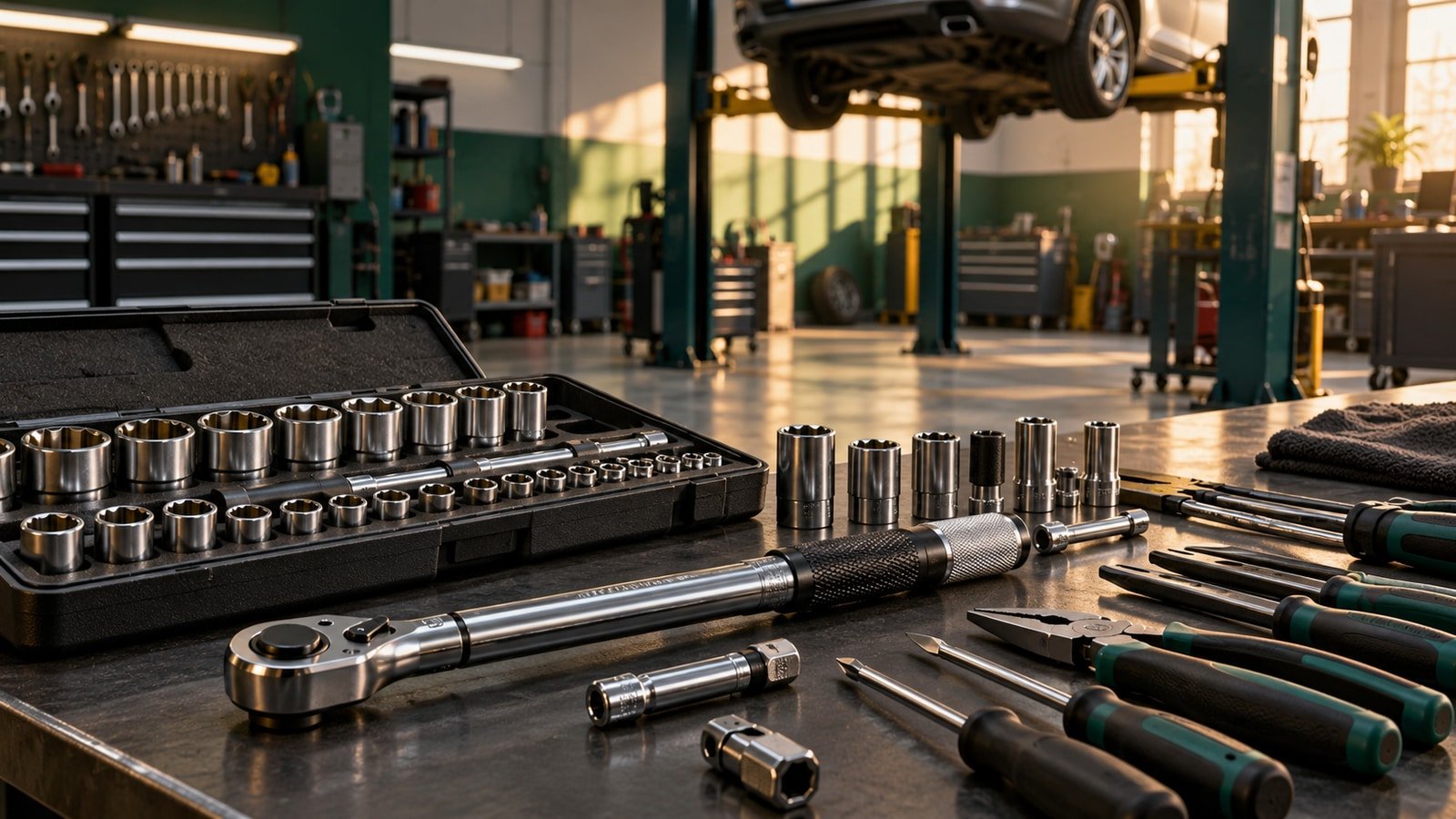 AI-generated conceptual illustration of unbranded professional hand tools on a workshop bench; not Snap-on products, premises or a real company event.