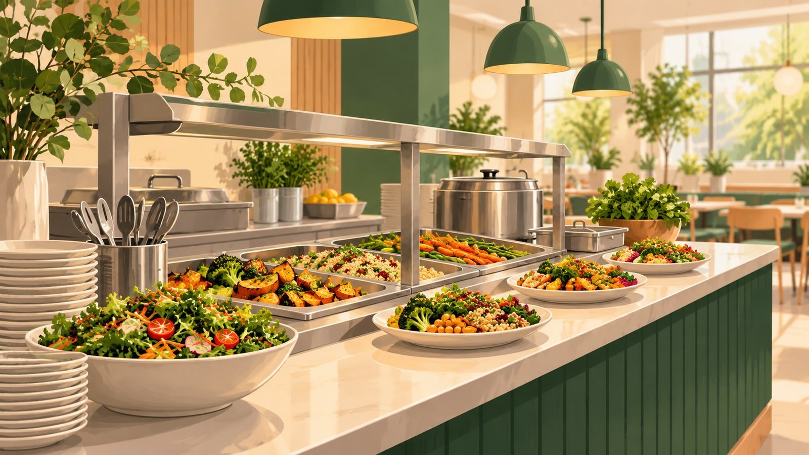 AI-generated conceptual food-service counter with prepared meals; not an actual Sodexo client facility.