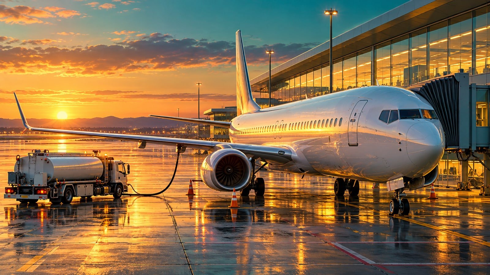 AI-generated conceptual illustration of a generic unbranded passenger aircraft at a terminal with a fuel-service vehicle; not a real Southwest aircraft, livery or airport event.
