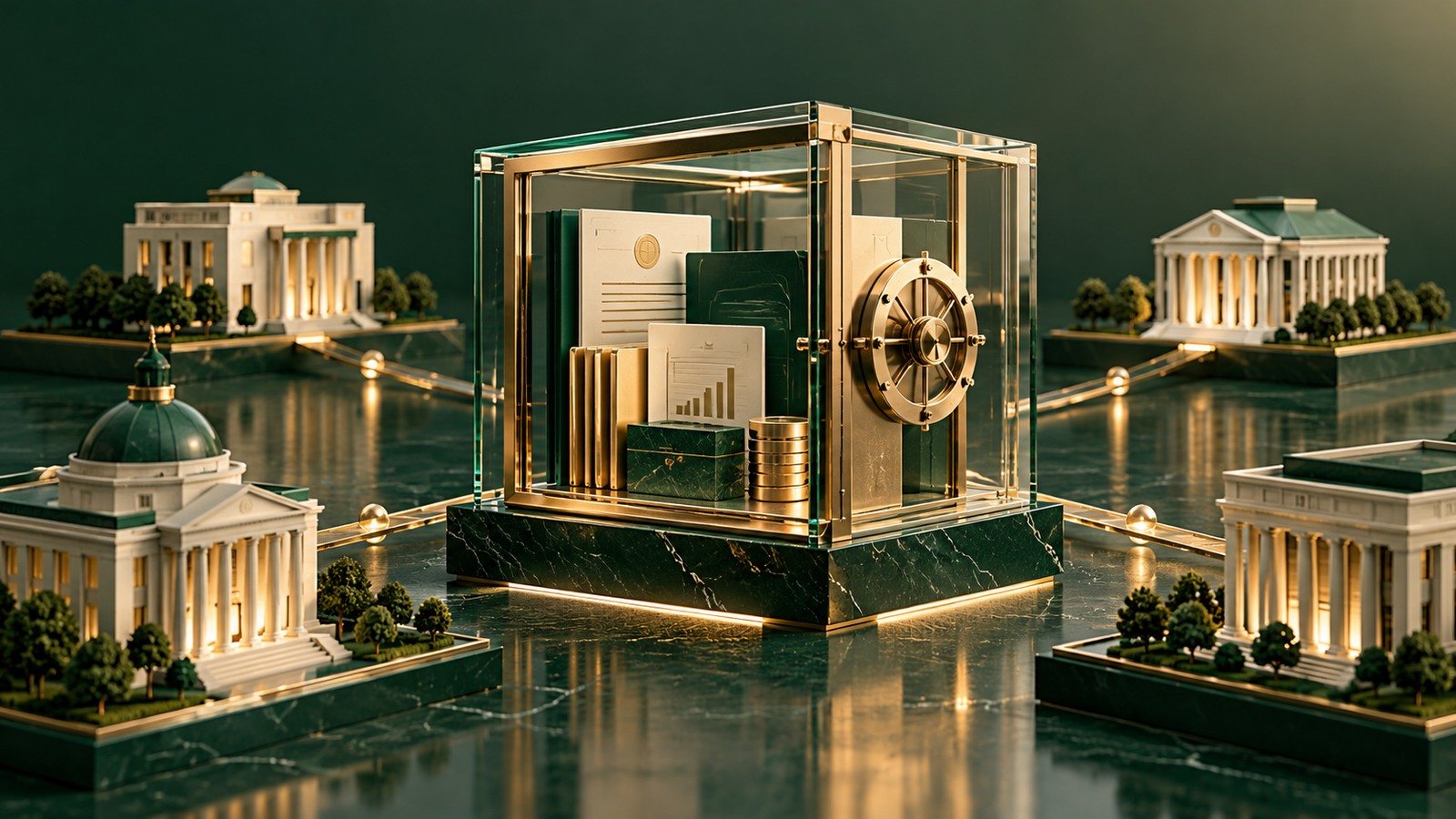 AI-generated glass financial archive connected to miniature institutional buildings; not a State Street facility or actual securities.