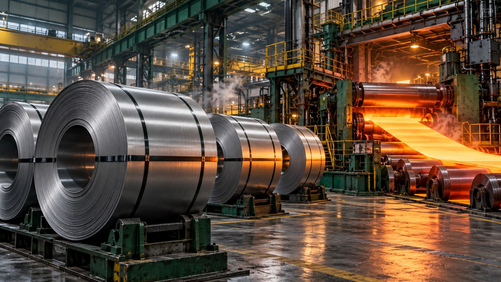 AI-generated concept of steel coils and an industrial rolling mill; not a Steel Dynamics facility.