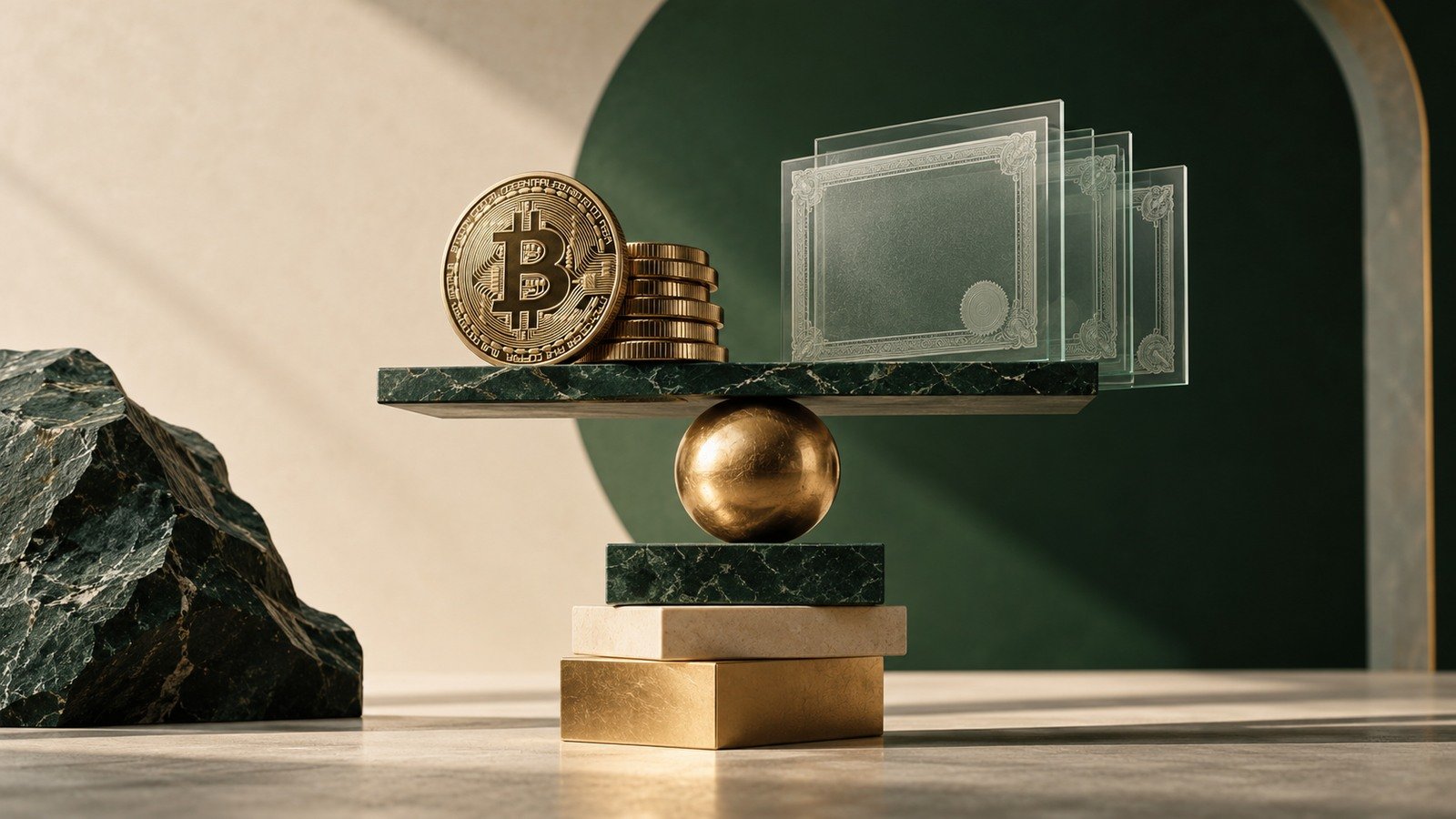 AI-generated Bitcoin-themed tokens and blank share-certificate panels balanced on a pedestal; not an actual Strive security or event.