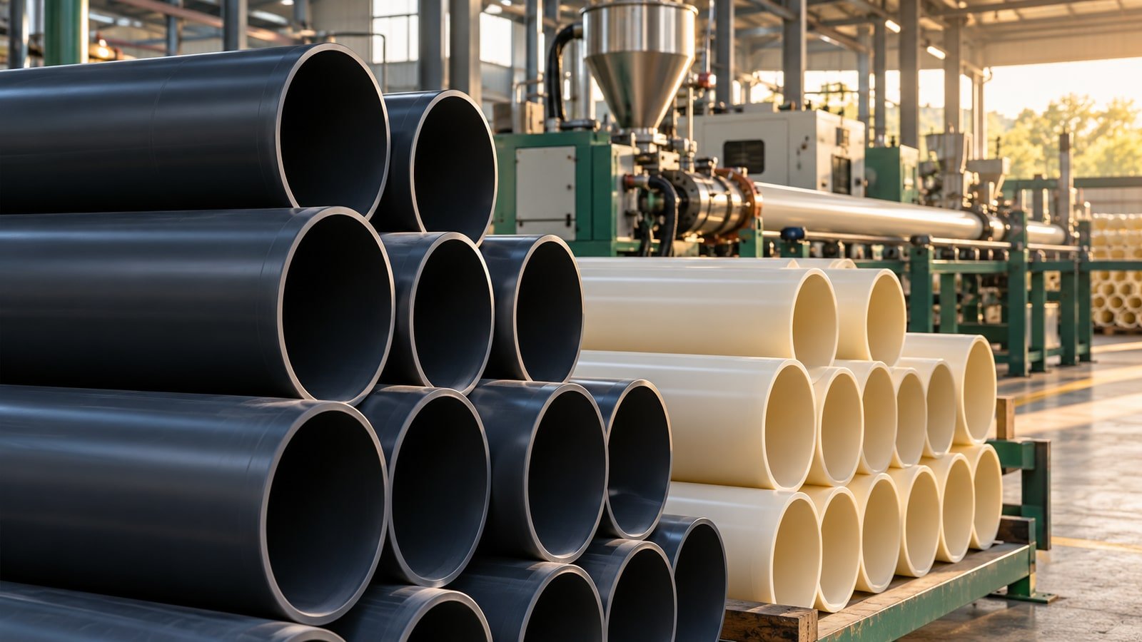 AI-generated concept. Conceptual plastic pipes and manufacturing materials, not a photograph of a Supreme Industries factory.
