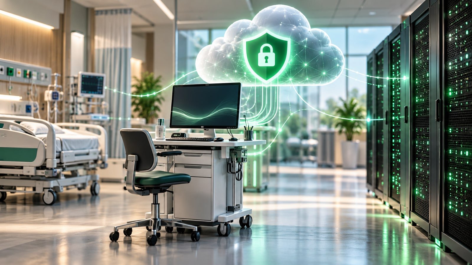 AI-generated hospital cloud-security concept; no real patient data or facility.