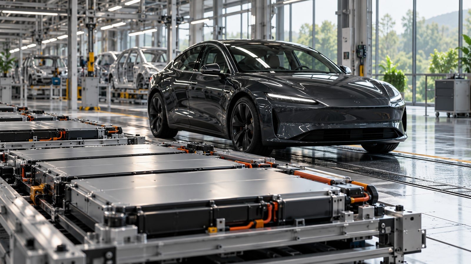 AI-generated concept of an unbranded electric sedan, battery modules and a vehicle-assembly environment; not an actual Tesla model or factory.