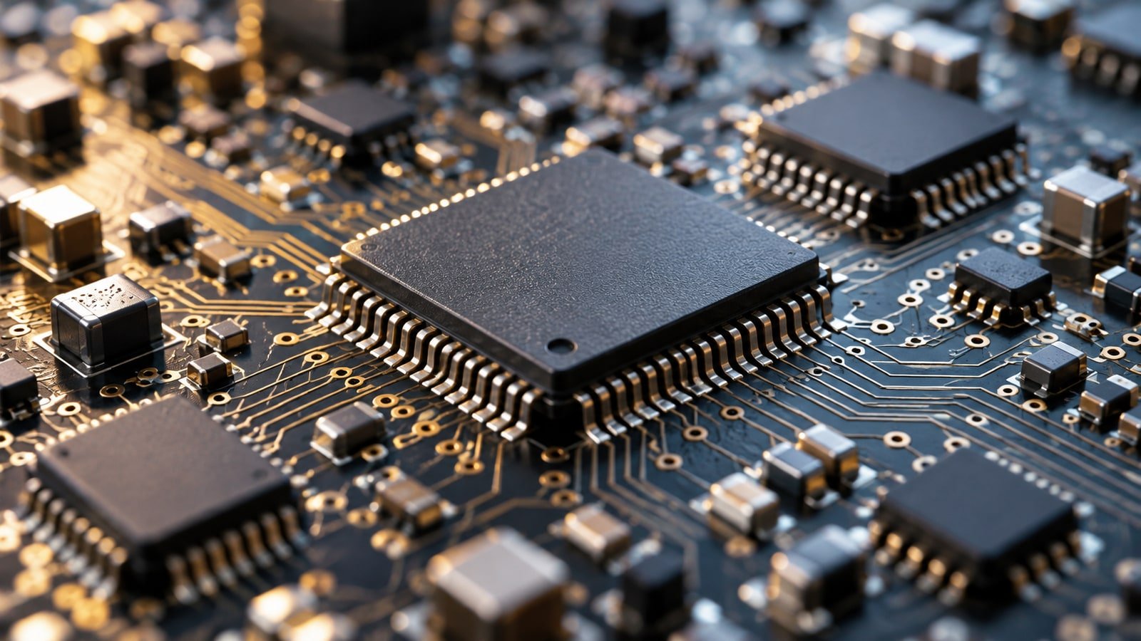 AI-generated concept of analogue semiconductor chips and an unbranded industrial circuit board; not actual Texas Instruments products.