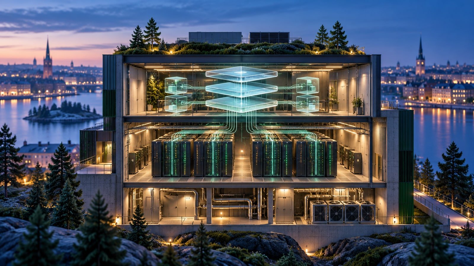 AI-generated concept: generic data-center modules and connected software layers. Not an actual issuer product, facility or event.