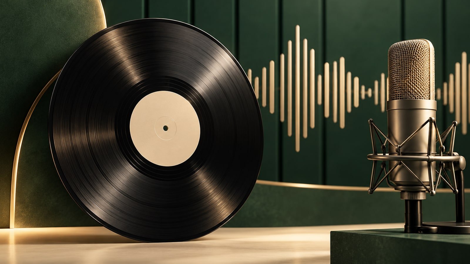 AI-generated vinyl record, studio microphone and abstract sound waveform; not an actual Tips Music studio or artist photograph.