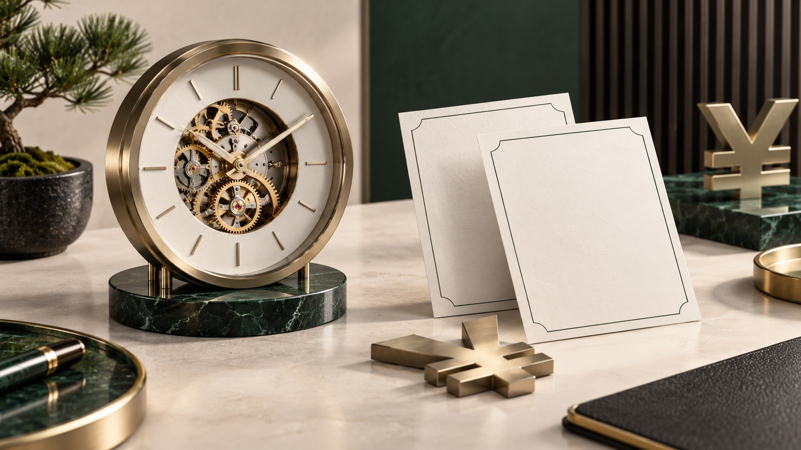 AI-generated clock, blank contract cards and yen symbols on a desk, representing rate-contract time periods; not a real TFX scene.