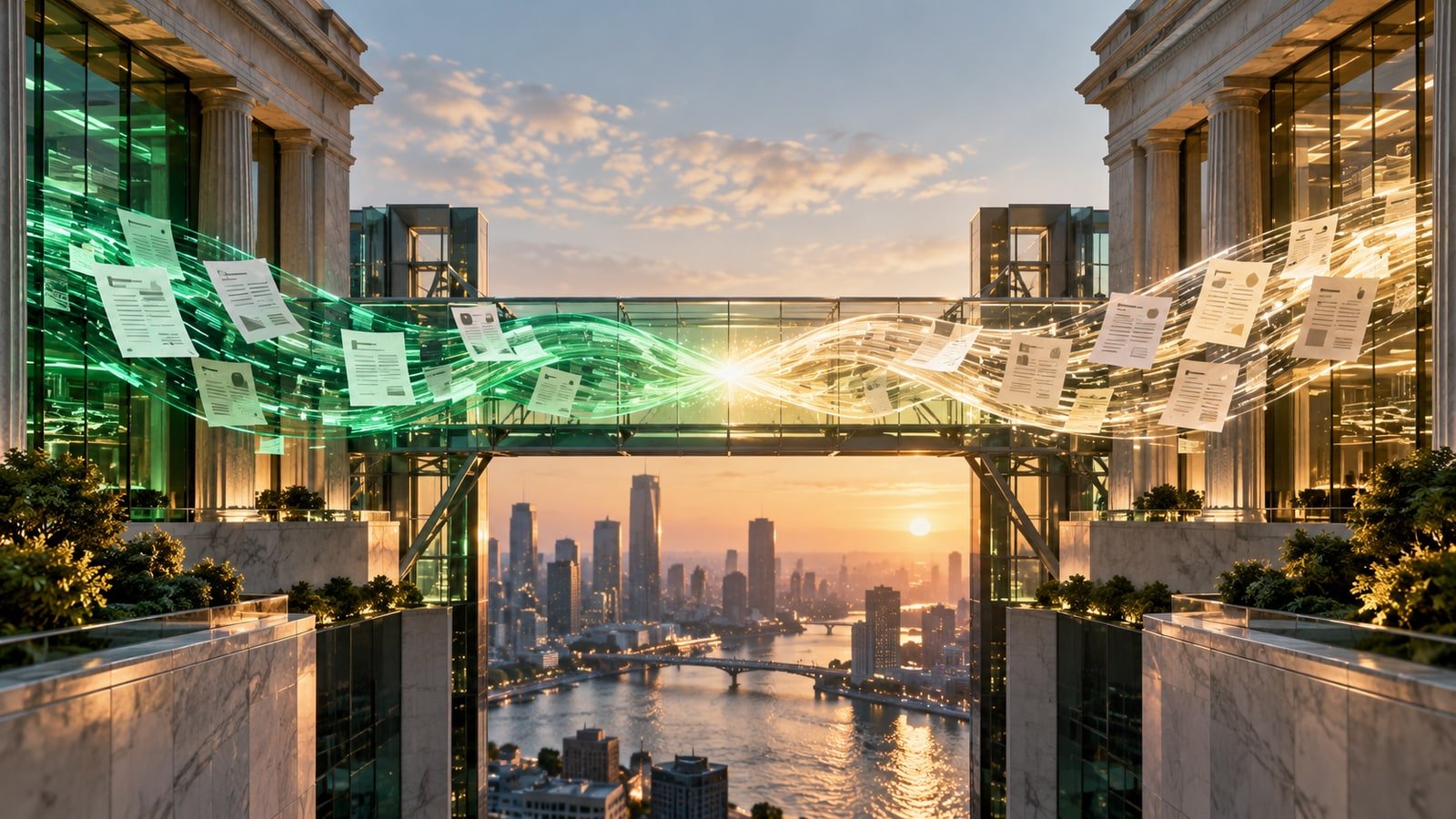 AI-generated concept of two electronic bond-trading networks connected by a glass bridge.