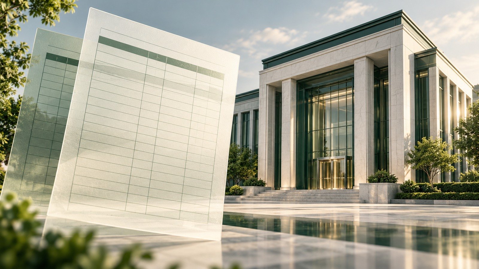 AI-generated unbranded bank facade and two blank ledger panels representing different reporting bases; not a real Truist building or financial statement.