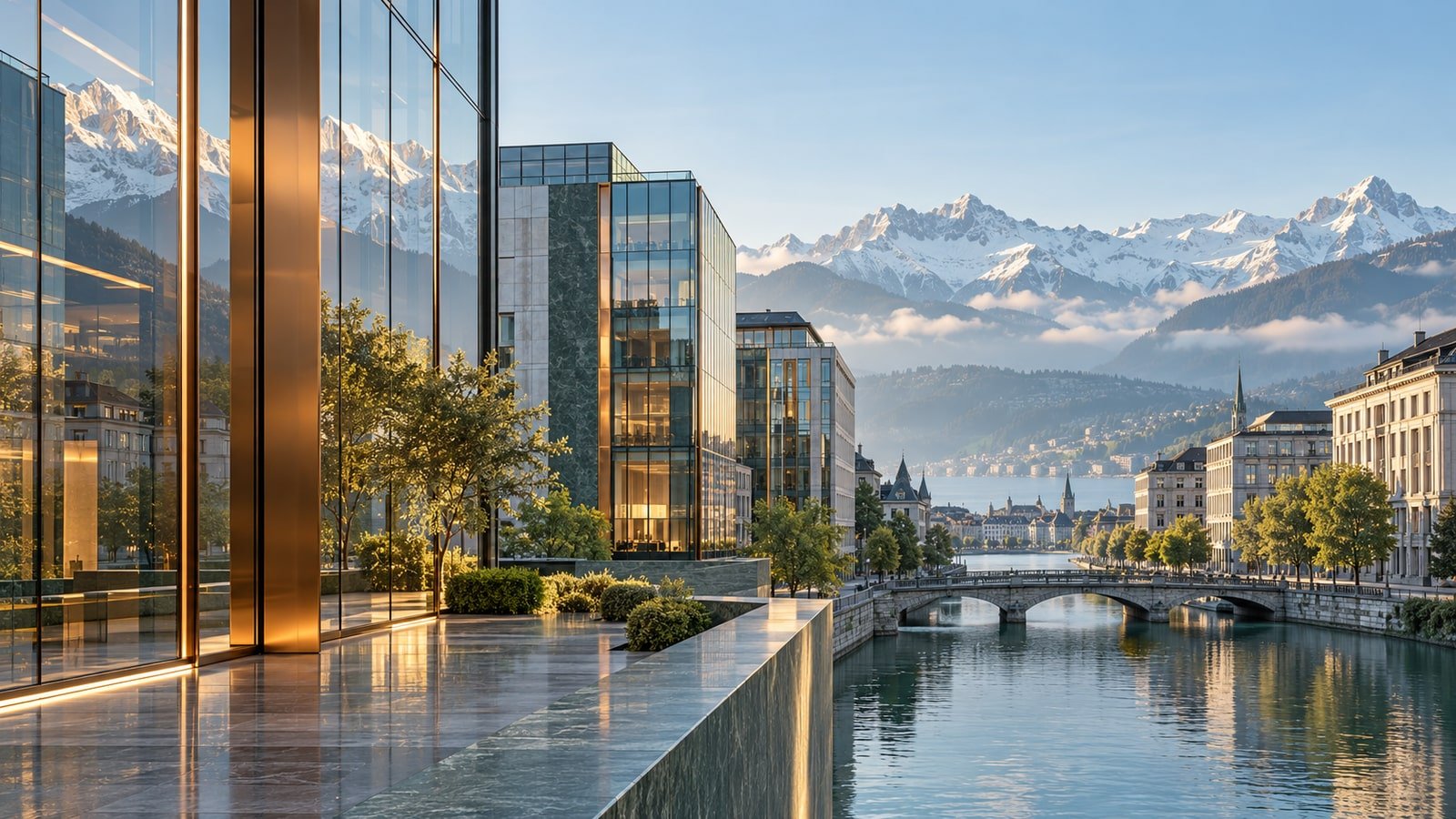 AI-generated illustration of a conceptual Swiss financial district and Alpine backdrop; not an actual issuer facility or event.