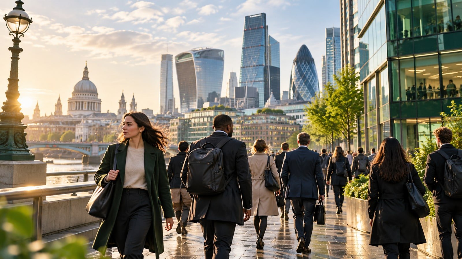 AI-generated illustration of workers walking through a British business district.
