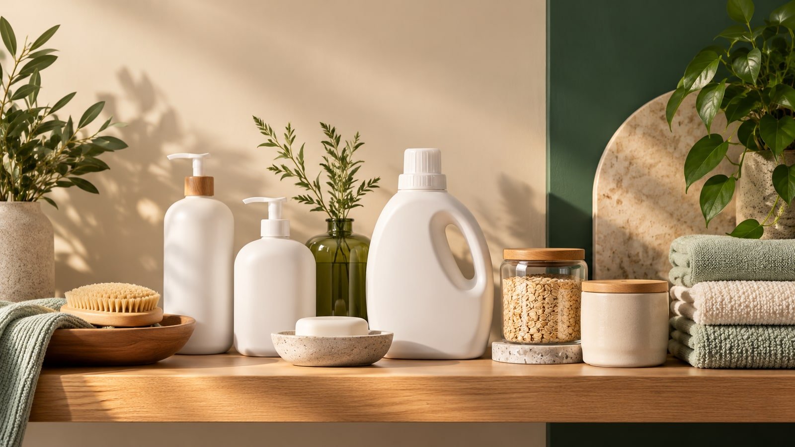 AI-generated illustration of generic unbranded household and personal-care containers, towels and a food jar; not actual Unilever products or a facility.