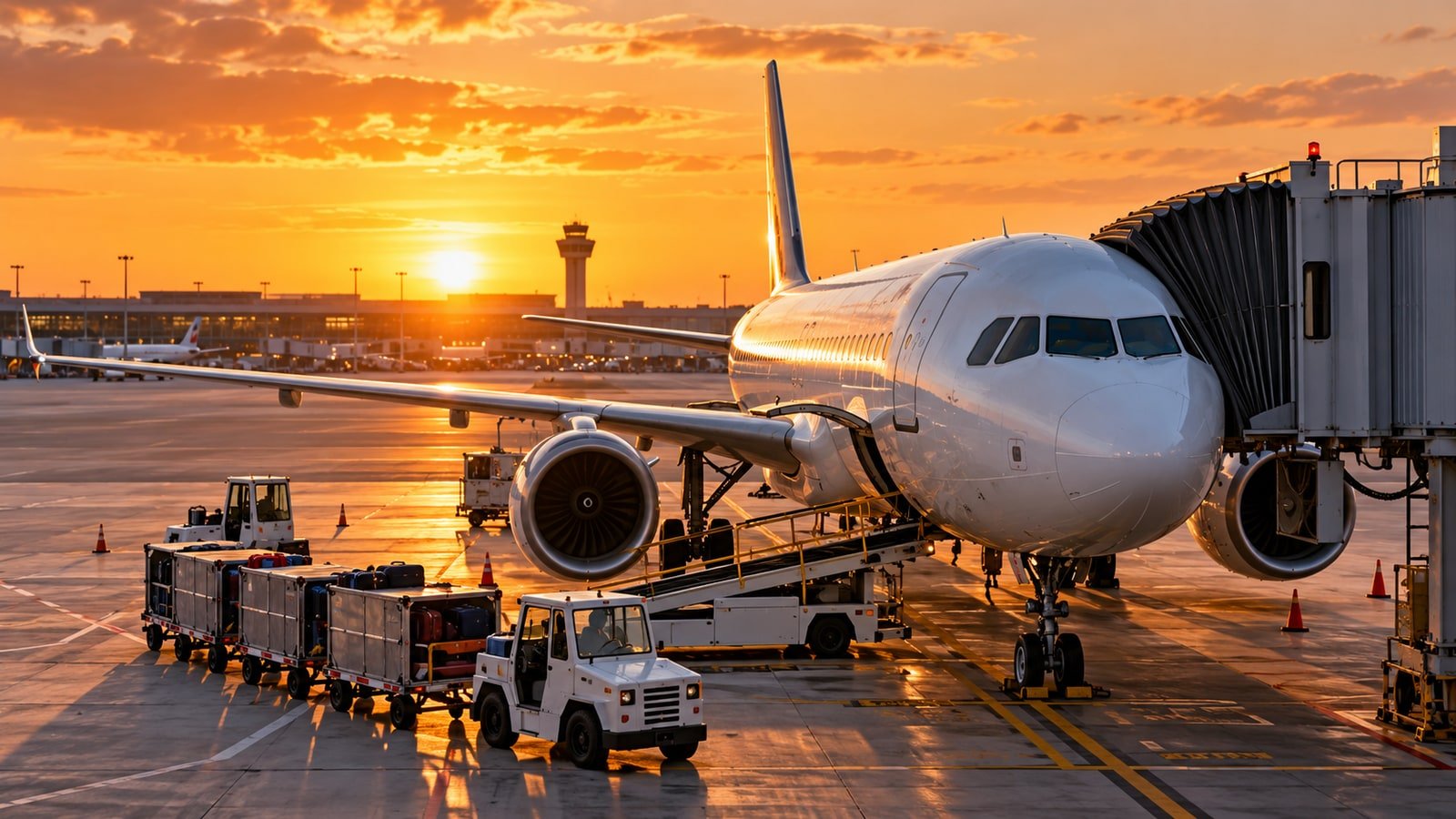 AI-generated unbranded passenger jet at an airport boarding gate at sunset.