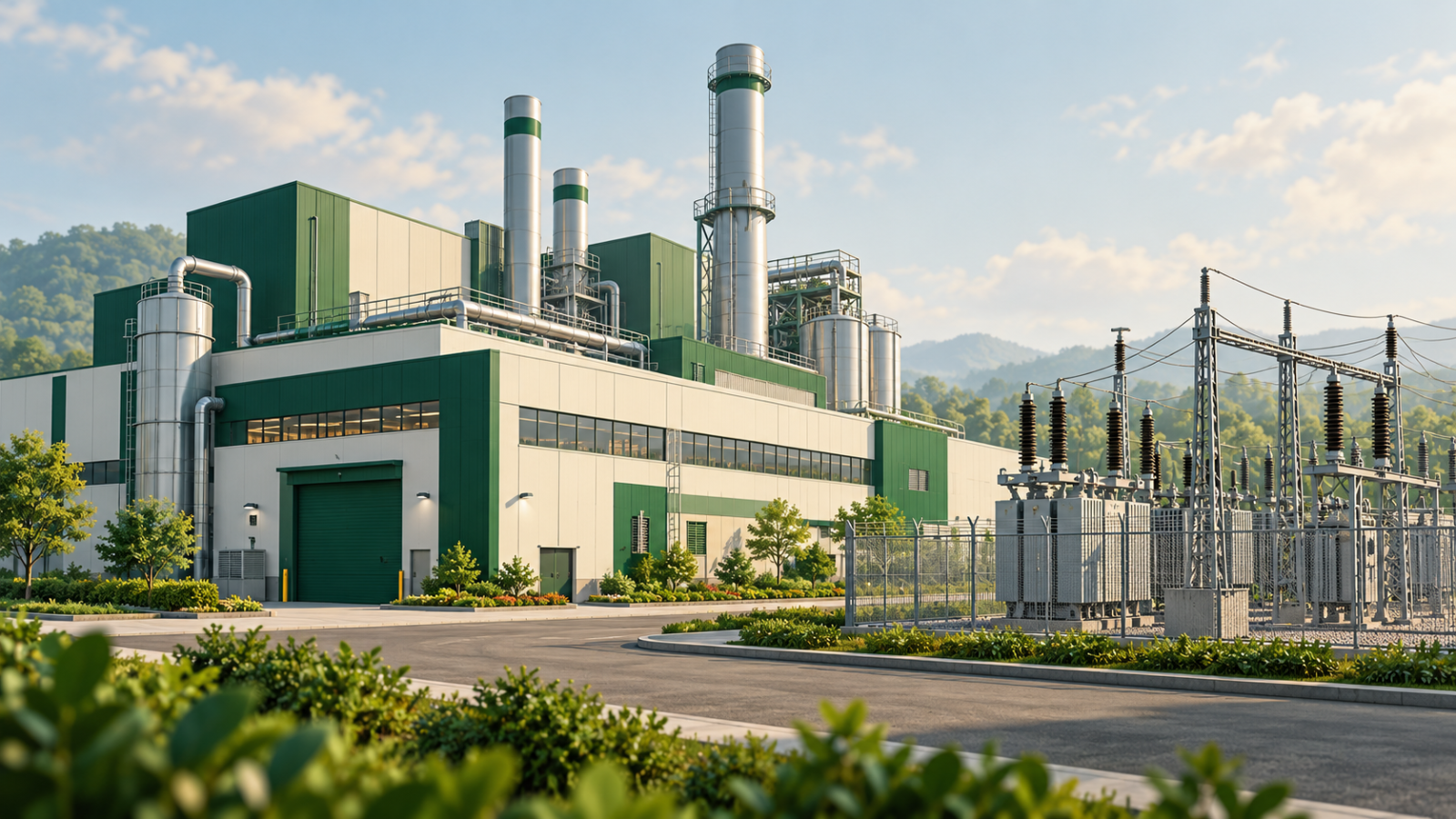 Original AI-generated illustration of a generic factory and electricity substation; not a real company facility, official Federal Reserve chart or photograph of measured production.