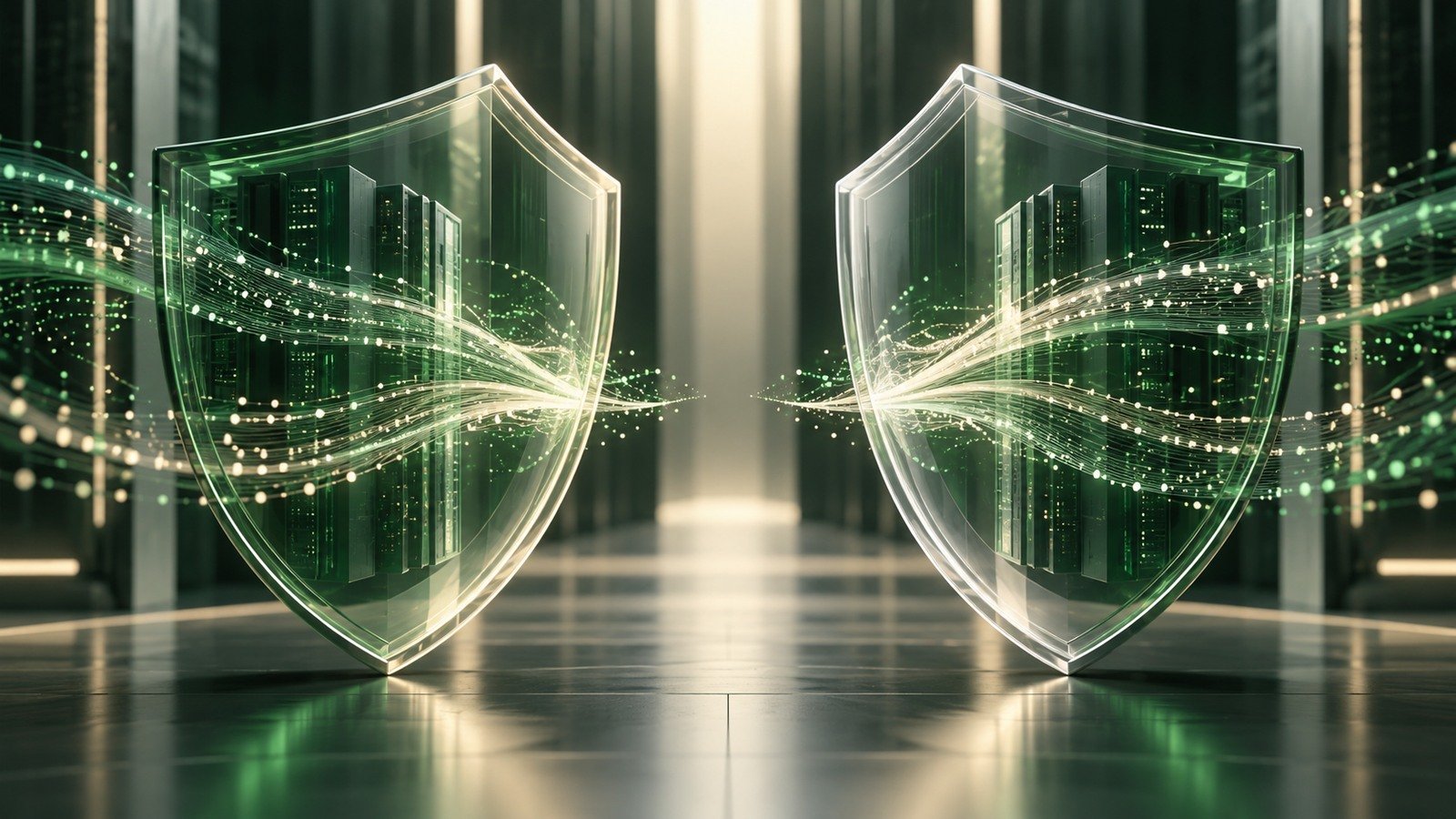 AI-generated separate glass shields around unbranded data servers; a conceptual proposed cybersecurity combination, not a real facility.