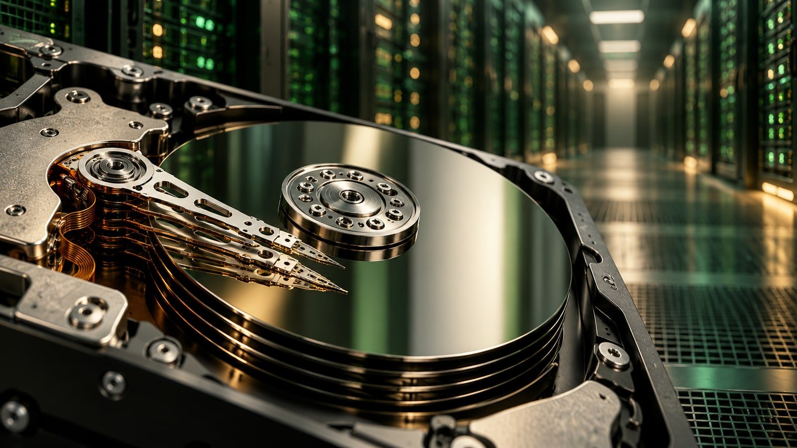 AI-generated conceptual illustration of unbranded disk-drive hardware and server racks; not an actual Western Digital product or facility.