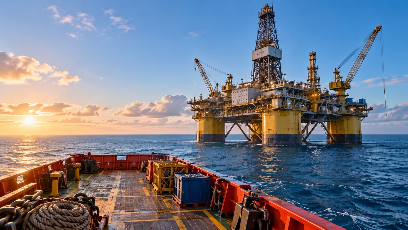 AI-generated offshore oil-services platform viewed from a supply vessel; not an actual Weatherford worksite.