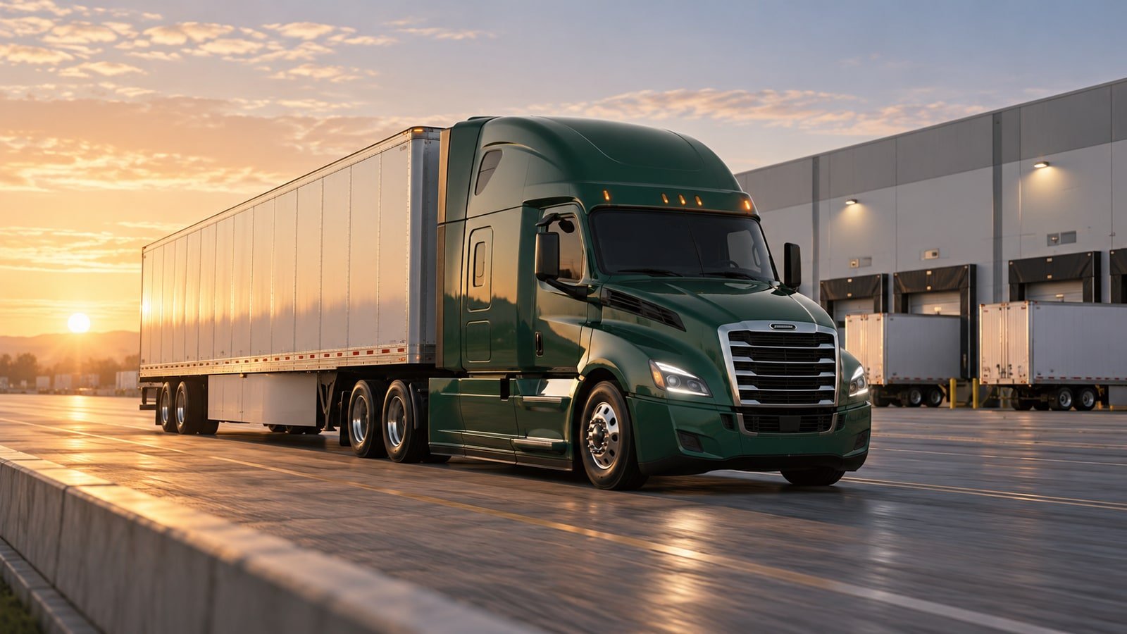 AI-generated unbranded green freight truck outside a distribution terminal; not an actual Werner vehicle or facility.