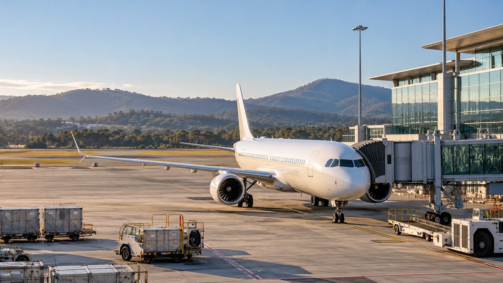 AI-generated conceptual illustration. Generic unbranded passenger aircraft at an airport; not the actual WSI opening or Air New Zealand flight.