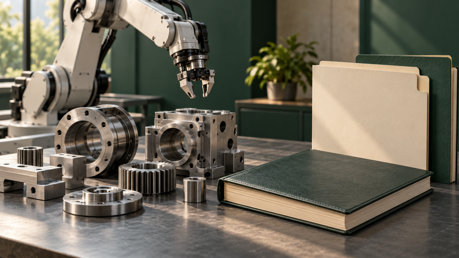 Original AI-generated conceptual image of manufactured metal components beside a debt-repayment ledger; not an actual Zetwerk factory, employee or event.