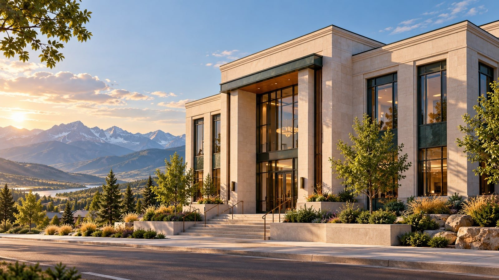 AI-generated regional-bank architecture concept against a western US landscape.